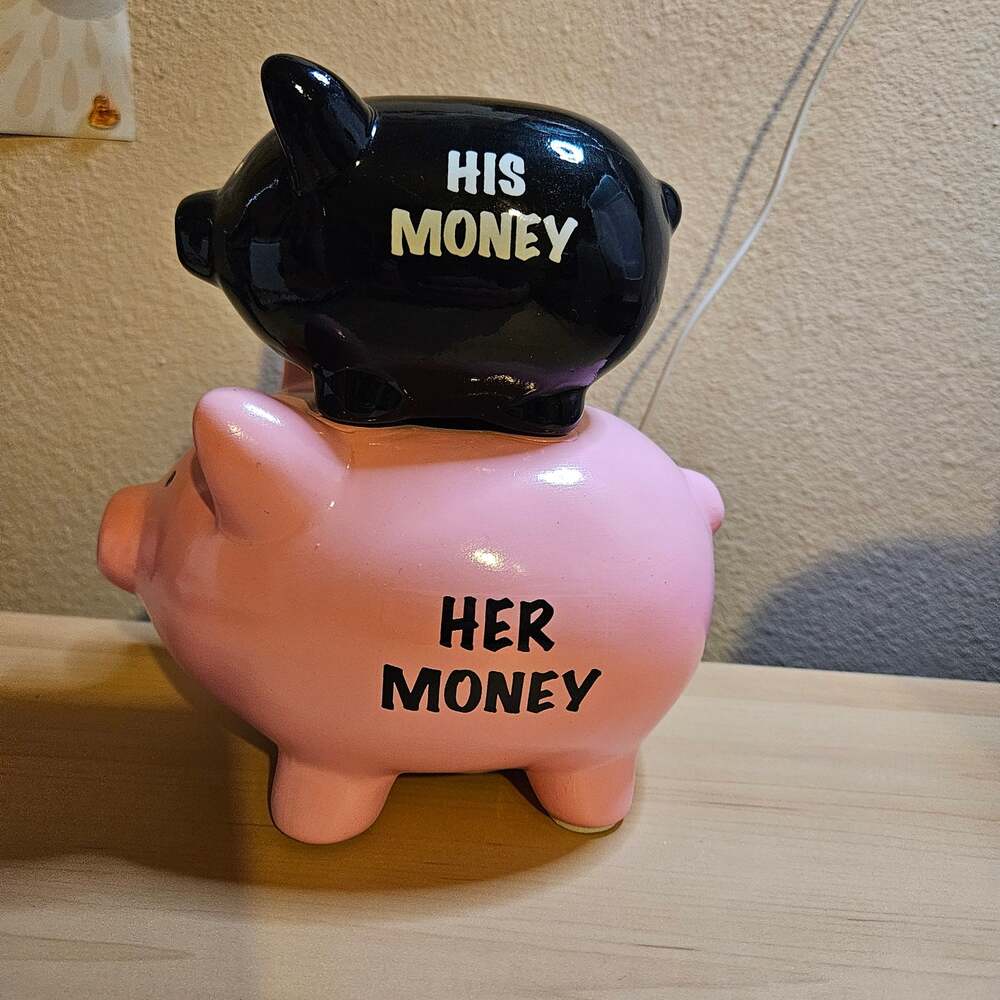 His Money Her Money Ceramic Piggy Bank Couples Novelty Coin Bank